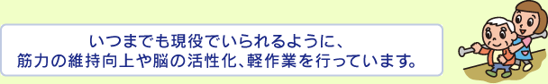 いつまでも現役でいられるように、筋力の維持向上や脳の活性化、軽作業を行っています。